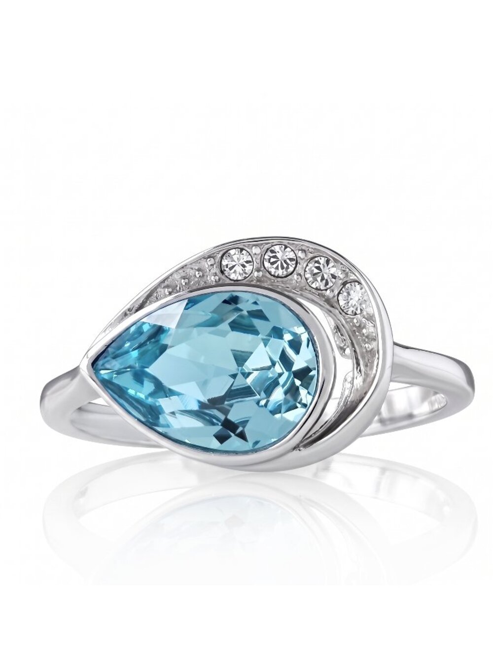 Aquamarine Blue Heart Swarovski Pear Cut Crystal ring, 925 Sterling Silver
